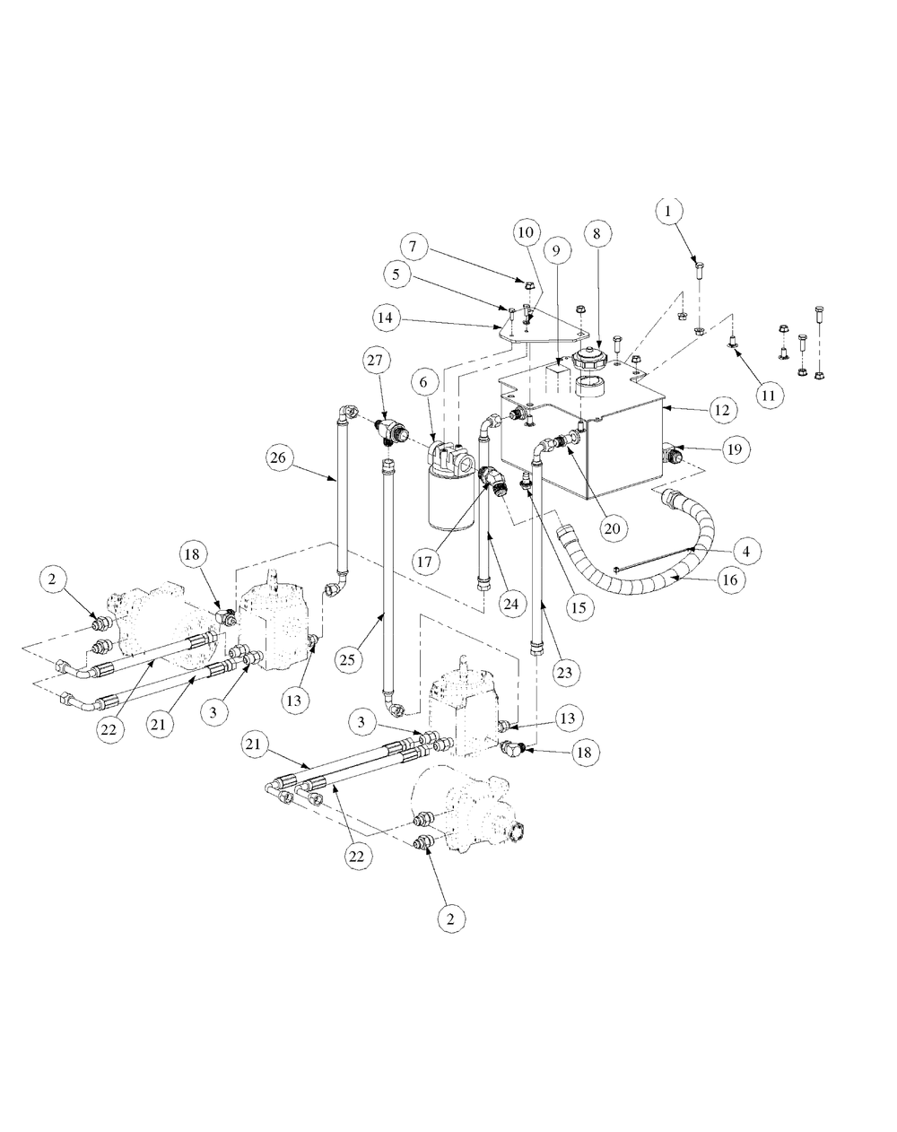 Hydro Tank And Hose Assembly Diagram and Parts List for M60-KW ROPS-53BH5D8X750-25HP-OHV Cub Cadet Lawn Tractor